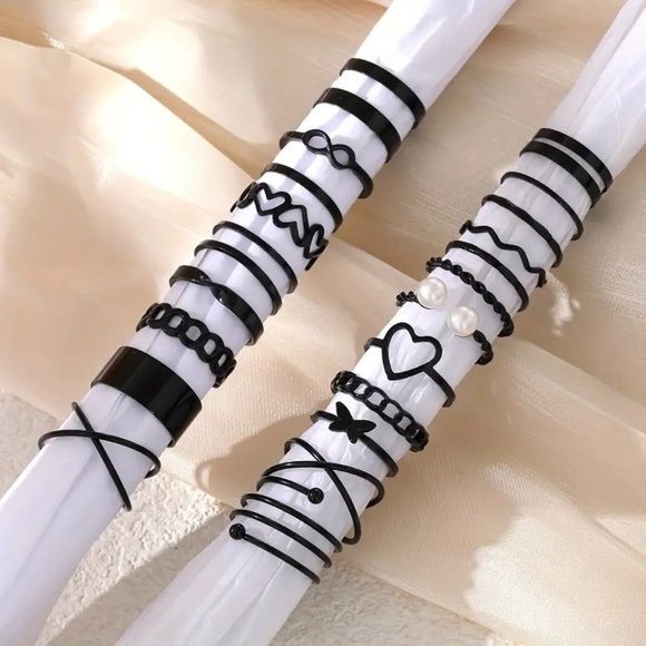 Rings Finger Stackable 22pc Stylish Black Pearl Gypsy Boho Trendy Adjuststable - Picture 2 of 5